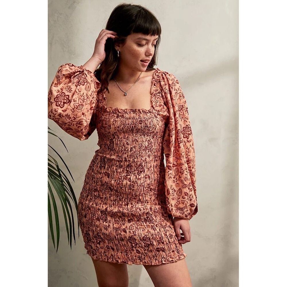 Free People Smock It To Me Floral Smocked Mini Dress Apricot XS
